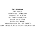 Belt for AYP 140294, Husqvarna Jonsered McCulloch Poulan 532 14 02-94, Simplicity 108209G, Toro 927066 1198821, Victa TM61807A 7540226 9540226 NR54758