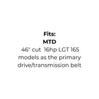 Belt Replaces John Deere M42779 and M45998, MTD 754-0365 and 954-0365, Simplicity 1607813 and 165950 or  Toro 114433 and 106516