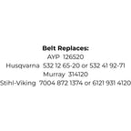 Belt Replaces AYP 126520, Husqvarna 532 12 65-20 or 532 41 92-71, Murray 314120 or Stihl-Viking 7004 872 1374 or 6121 931 4120