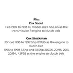 Belt to Replace Cox V01, VA33, SV01, SV07, Deutscher H9, H09, 1579, John Deere AM32172,  Rover A05071, Cox Scout  or Cox Stockman